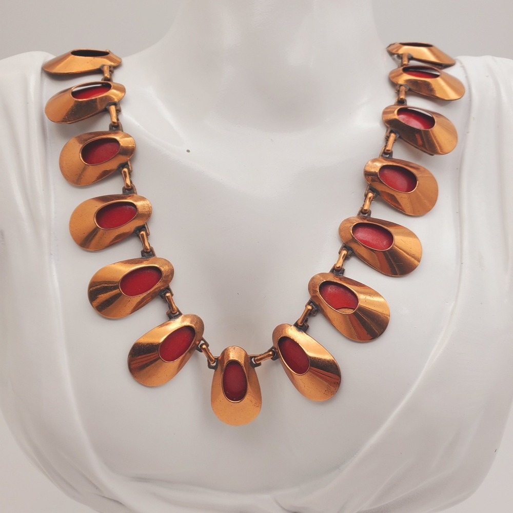 Matisse Necklace Copper Red Enamel Honeybear Collar Bib Choker Modernist Vintage